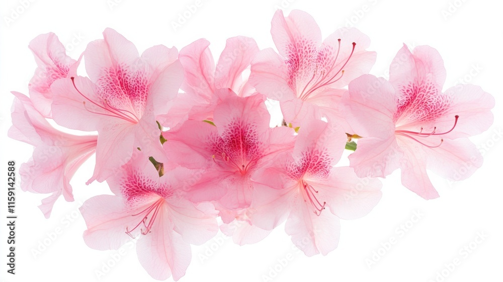 Poster a macro shot of a cluster of pink azalea flowers in soft light, isolated white background, classic a
