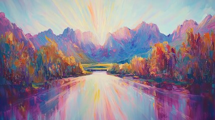 streaks of light and color flowing through the composition, fading into a peaceful and soft-focus mountain scene. [abstract]:[background] 