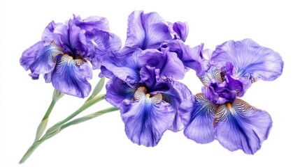 A macro shot of a cluster of purple iris flowers with intricate veins, isolated white background, romantic art style