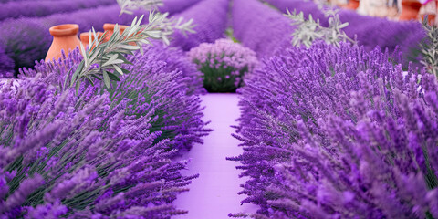 Lavender Field Path Purple Flowers Potted Plants Tranquil Scene