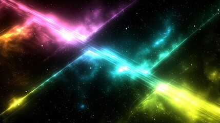 polygons in bright, bold colors merging with the soft glow of distant stars and space, creating a cosmic effect of movement and stillness. [abstract]:[background] 