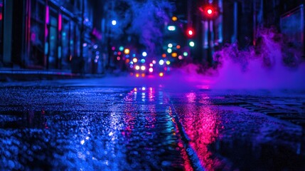 Obraz premium Night city street with vibrant neon lights reflecting on wet pavement, creating a dynamic and atmospheric urban scene filled with energy and modern charm.