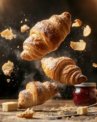 Floating in mid-air, golden buttery croissants emit a warm glow, surrounded by jam jars and butter knives, creating an inviting and appetizing display of French pastry artistry