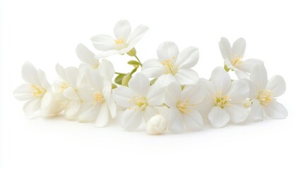 Obraz premium A macro shot of a cluster of white jasmine flowers, isolated white background, minimalistic art style