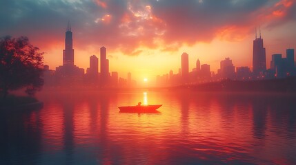 Fototapeta premium Calm water mirrors the vibrant cityscape glowing at sunset with colors wallpaper image