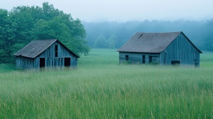 Fototapeta premium Rustic Buildings in Tall Grass with Morning Light
