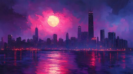 Obraz premium Calm water mirrors vibrant sunset cityscape glowing with colorful radiant reflections image