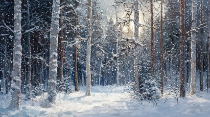 Fototapeta premium Sunlit Winter Forest with Snow-Covered Trees, Capturing Serene Tranquility, Icy Beauty, and the Majestic Charm of a Pristine Winter Wonderland