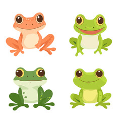 Set of 4 Cute Kawaii Frogs in Adorable Cartoon Style