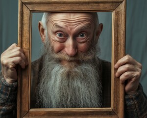 An old man with a long beard playfully holds a large wooden frame, making silly faces, highlighting humor and creativity.