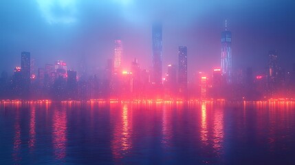 Cityscape glowing vibrantly under sunset reflects beautifully on calm peaceful water wallpaper image