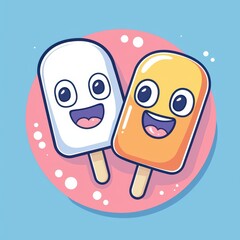 Fototapeta premium A flat design cartoon vector of a cheerful popsicle duo, one smiling and one melting, surrounded by sparkles, set on a pastel aqua and pink gradient background for a fun and cool summer vibe. 