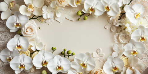 Elegant White Orchid Lace Floral Frame Wedding Invitation Beige Background