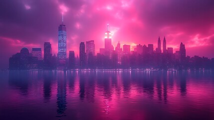 Fototapeta premium Glowing sunset enhances vibrant cityscape reflections on peaceful calm water surface image