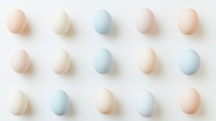 Pastel-colored eggs on white backdrop, refined and minimalist holiday visual. Easter