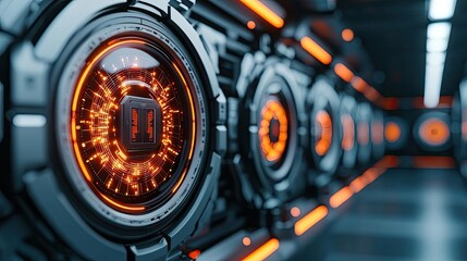 Futuristic library idea. Futuristic technology panels with glowing orange accents and intricate designs.