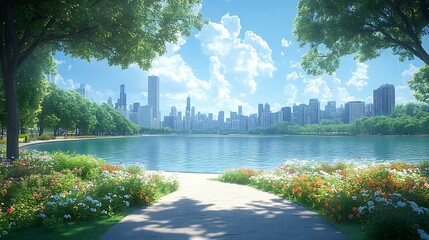 Modern city skyline glowing above blue waterway and peaceful green spaces wallpaper image