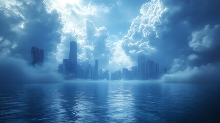 Modern cityscape reflection on calm waters under a peaceful blue sky image