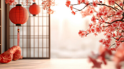 A vibrant Chinese New Year-themed design featuring traditional elements like red lanterns, gold coins, and blooming cherry blossoms, arranged artfully around a clean negative space ideal for text 