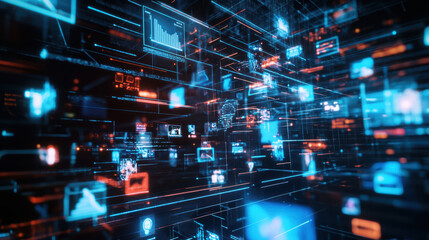 Dynamic digital interface with data visualizations and social media feeds, showcasing vibrant colors and intricate designs. This futuristic scene represents technology and connectivity
