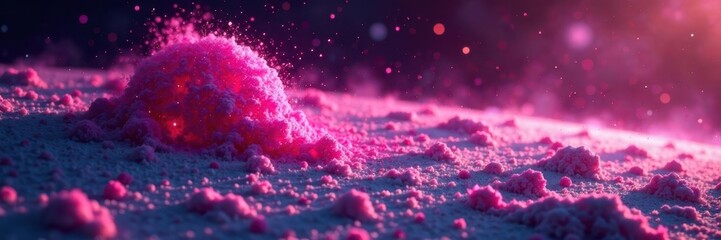 Stardust particles dance around magenta planet's polar regions, cosmic, space, orbital