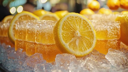 Refreshing Summer Vibes at a Vibrant Lemonade Stand with Ice Cubes and Lemon Slices on Display