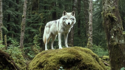 Fototapeta premium Majestic wolf stands on a moss-covered rock in a lush green forest. Its fur is a blend of white and gray, contrasting beautifully with the vibrant surroundings.