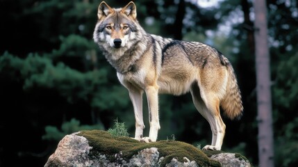 Obraz premium A majestic gray wolf stands alert on a moss-covered rock, its fur blending with the muted greens and browns of the forest background.