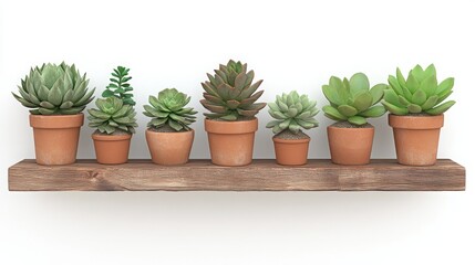 Obraz premium A rustic wooden shelf displays a charming collection of succulents in terracotta pots. The earthy tones and lush greenery create a peaceful and calming scene.