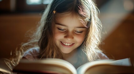 Joyful young girl reading a book in a cozy, sunlit room, surrounded by warm tones and soft natural light, showcasing the love for literature and imagination.