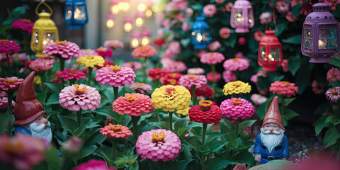 Fototapeta premium Colorful Zinnia Flowers Garden Gnomes Fairy Lights Lanterns