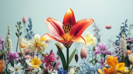 Naklejka premium Easter lily surrounded by vibrant flowers, colorful textures of spring. Easter