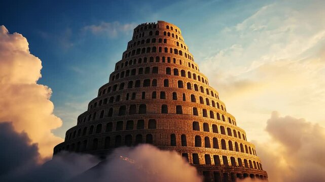 Stunning depiction of the Tower of Babel amidst a dramatic sky at sunset