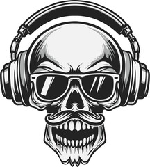 Masculine skull with retro glasses & headphone