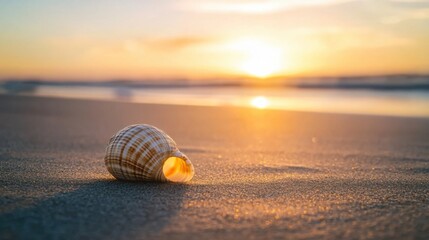 Obraz premium A minimalist composition of a single seashell on a sandy beach at sunset, low angle shot, Minimalist style