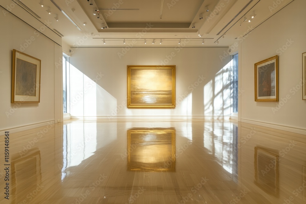 Poster luxurious art gallery showcasing beautiful artwork in a well lit modern space with polished floors d