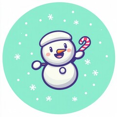 A playful flat design cartoon vector of a happy snowman holding a tiny candy cane, surrounded by glowing snowflakes, set against a pastel blue background for a festive and joyful winter theme. 