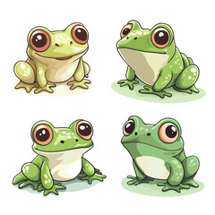 Set of 4 Cute Kawaii Frogs in Adorable Cartoon Style