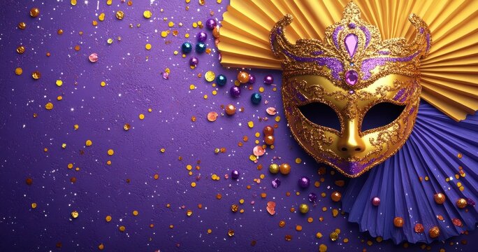 Vibrant Carnival Mask Surrounded by Colorful Confetti and Decorative Fans Set Against a Purple Background for Festive Celebrations and Themed Events