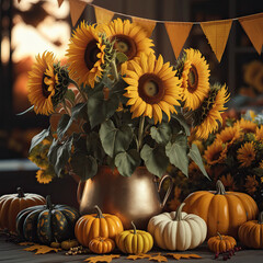 Autumn Still Life Sunflowers Pumpkins Fall Decor