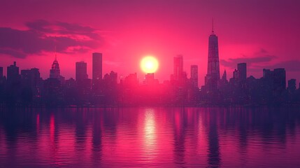 Fototapeta premium Sunset cityscape illuminated vibrantly reflects on calm glassy water below photo