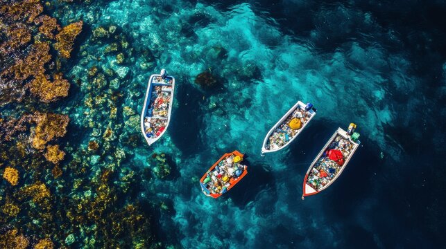 Trash Crisis in Ocean Waters with Fishing Boats