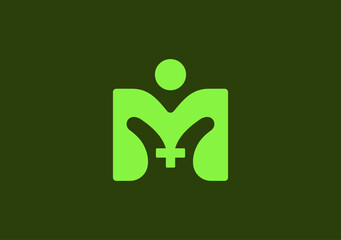 clean and modern monogram logo featuring the letter M, with a health and human symbol in a geometric shape