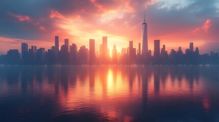 Fototapeta premium Sunset cityscape reflects vibrant on calm water with glowing colorful hues image