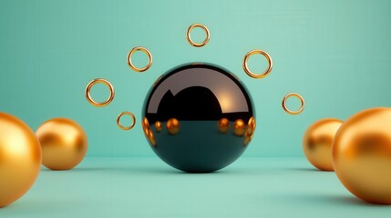 Grammy award concept, A glossy black sphere surrounded by golden rings and spheres against a turquoise background, creating a modern and artistic composition.