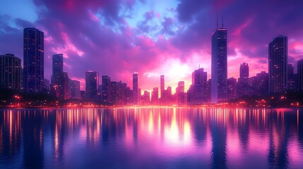Fototapeta premium Sunset enhances vibrant cityscape colors reflecting on calm and peaceful water image