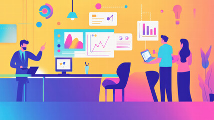 vibrant startup brainstorming session focused on social media strategies, featuring diverse team collaborating with digital tools and data visualizations