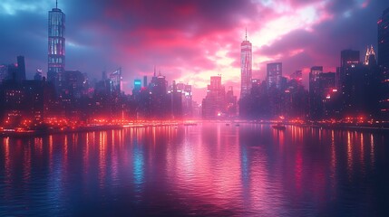 Obraz premium Sunset paints vibrant cityscape reflected vividly on calm shimmering water image