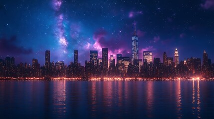 Fototapeta premium Sunset paints vibrant cityscape reflections beautiful on calm shimmering water image