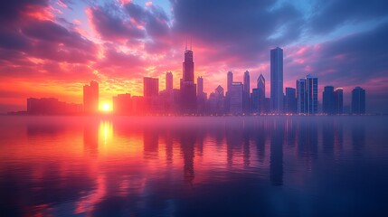 Fototapeta premium Sunset reflections shimmer on calm water beneath vibrant glowing cityscape image
